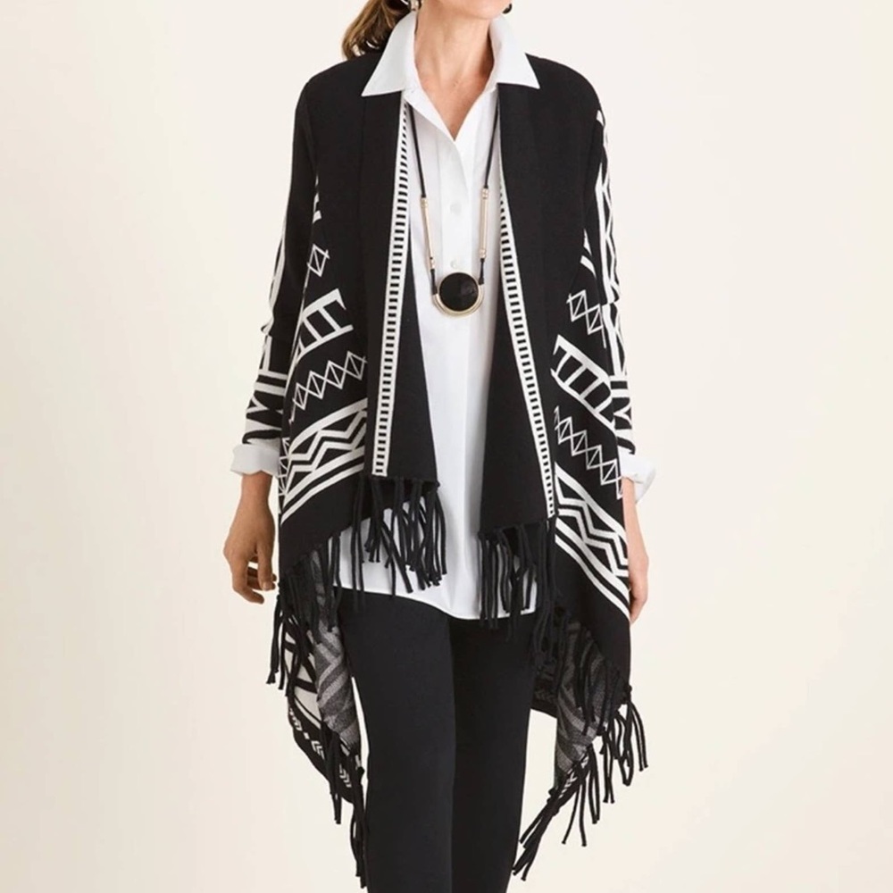 Chico’s Black & White Tribal Aztec Print Fringe Cardigan Sz 3 (XL)